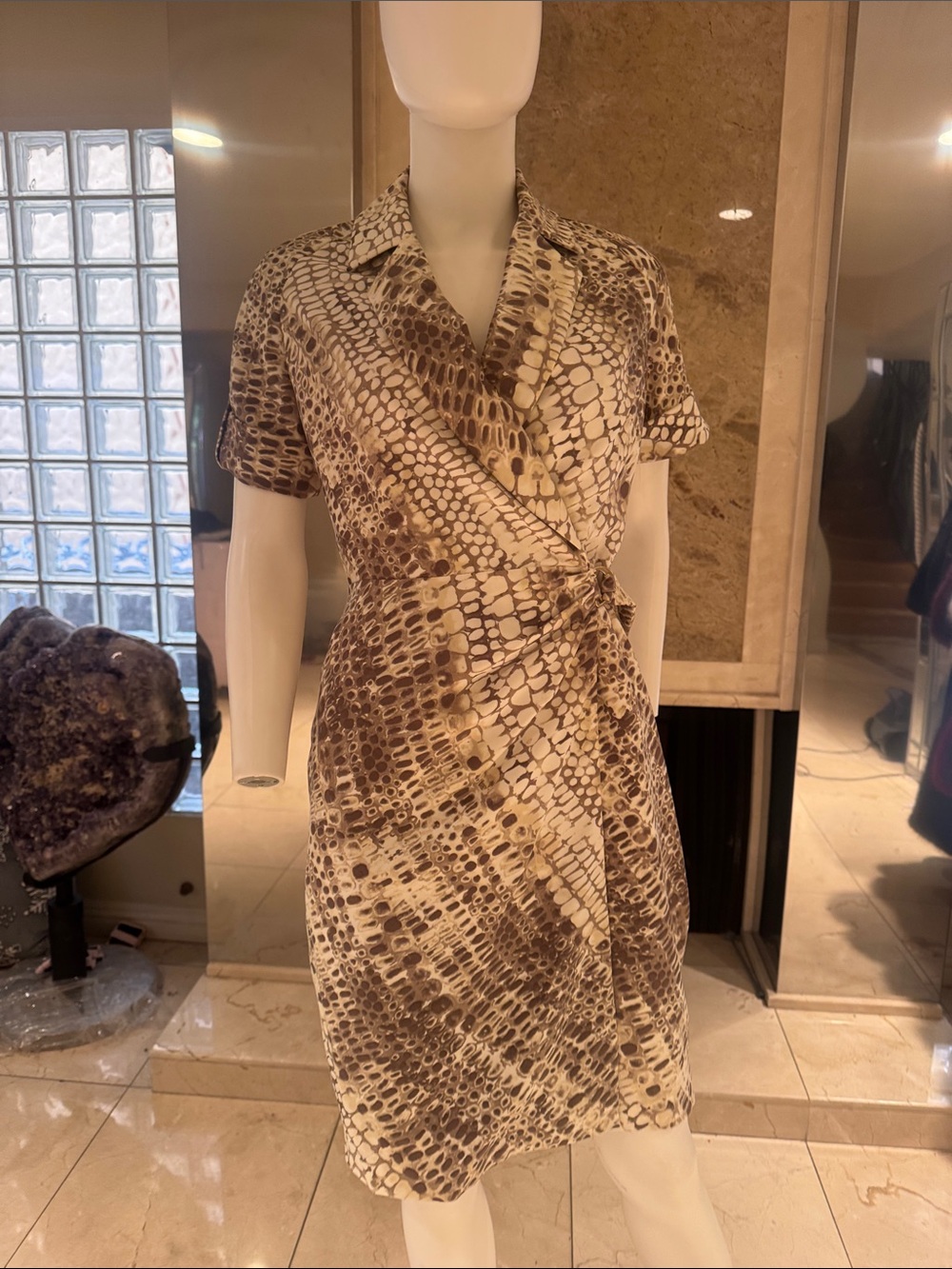 Calvin Klein Animal Print Wrap Sheath Dress Beige Brown